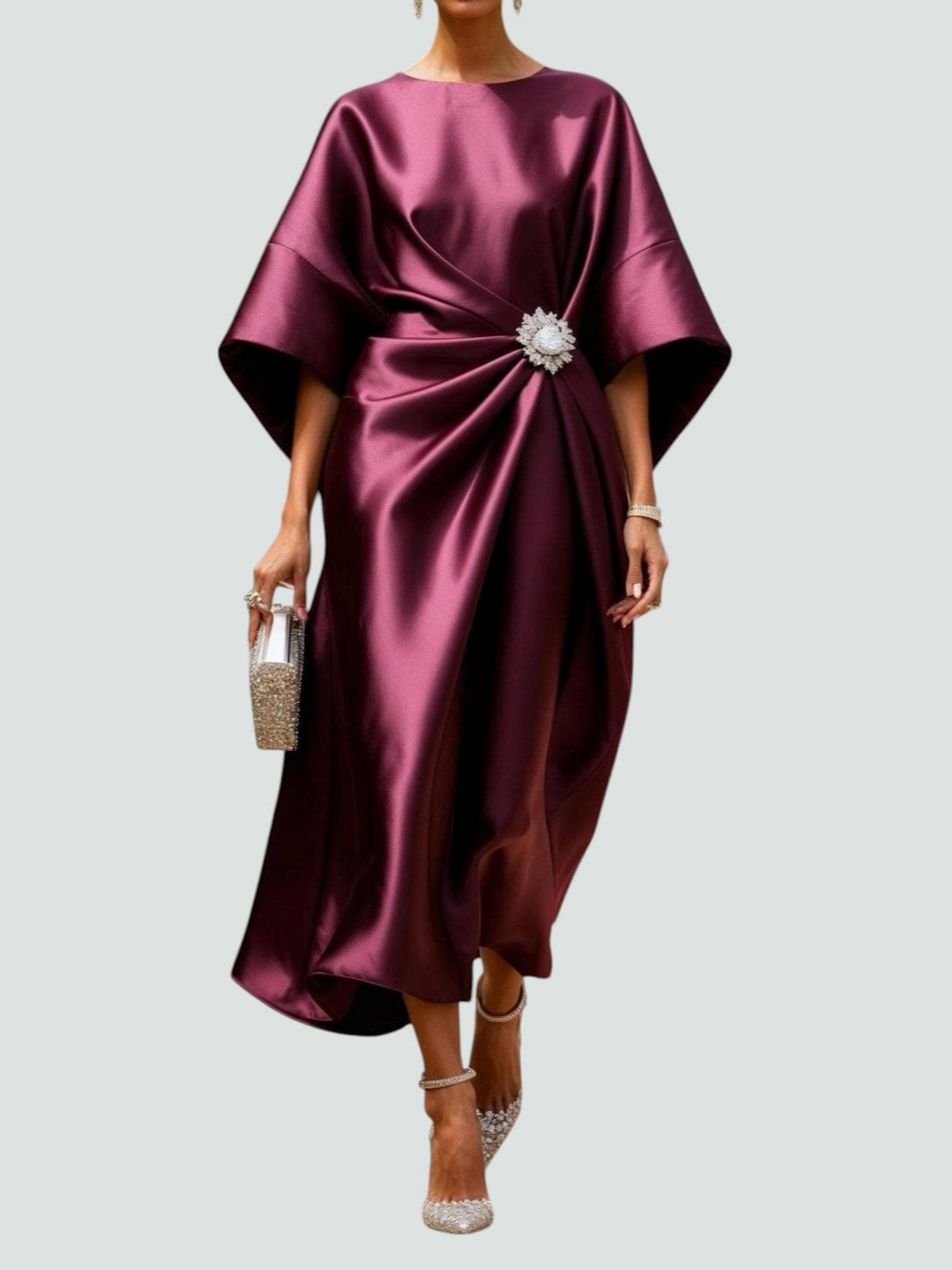 Adelle™ | Women's Elegant Satin Brooch Midi Dress