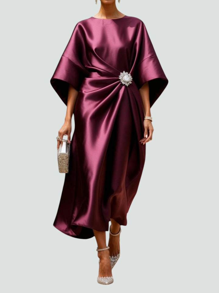 Adelle™ | Women's Elegant Satin Brooch Midi Dress