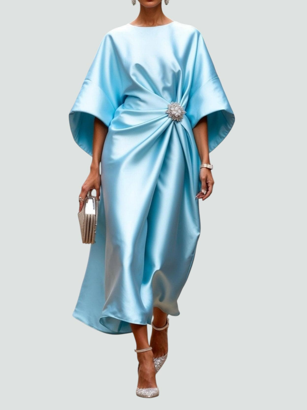 Adelle™ | Women's Elegant Satin Brooch Midi Dress