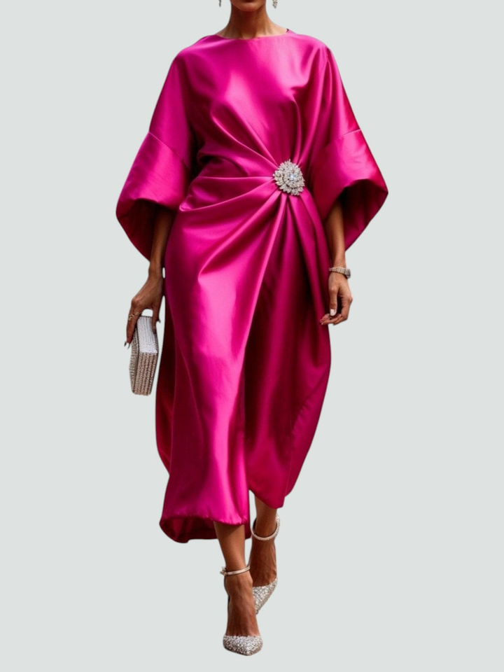 Adelle™ | Women's Elegant Satin Brooch Midi Dress