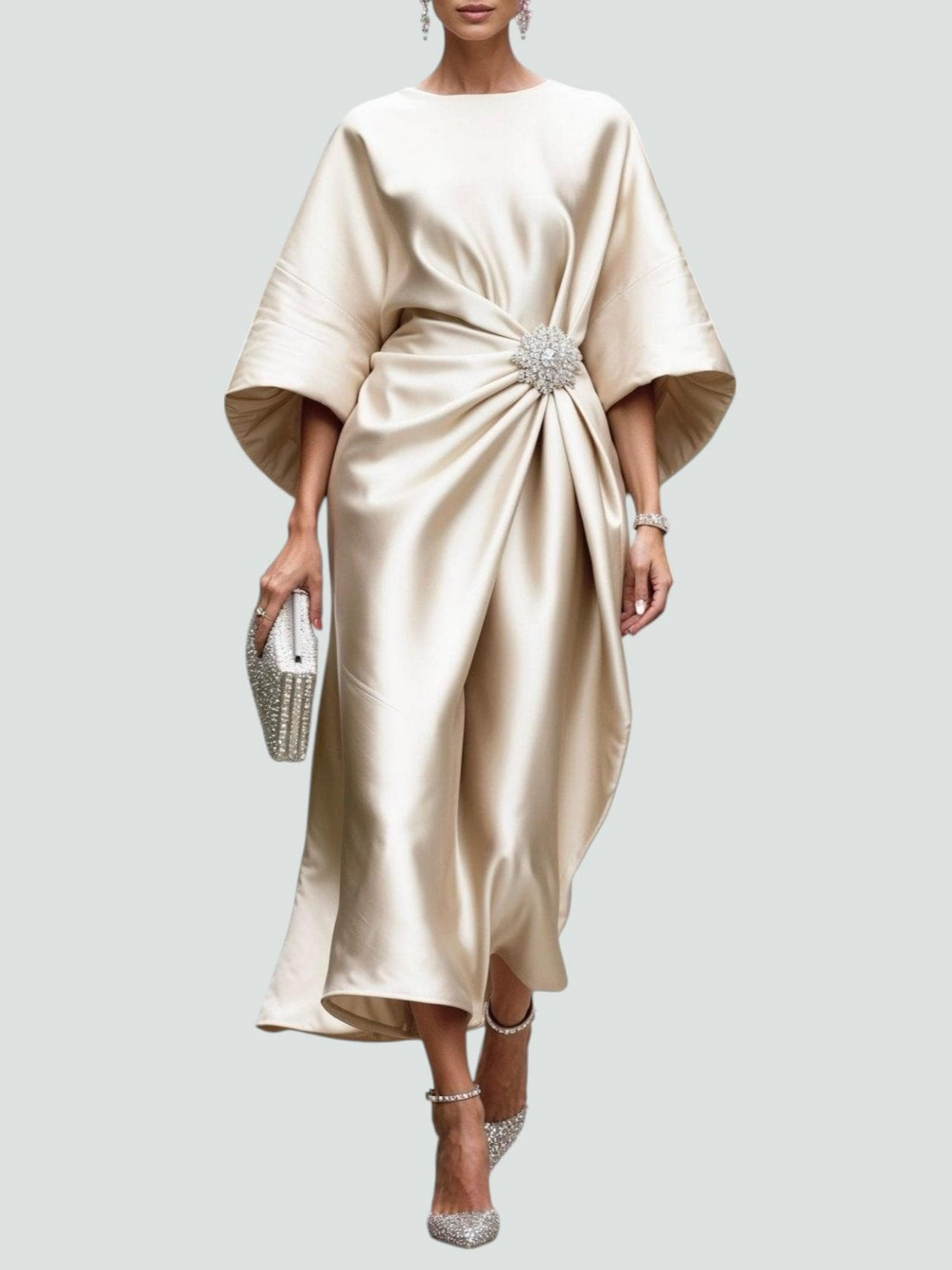 Adelle™ | Women's Elegant Satin Brooch Midi Dress