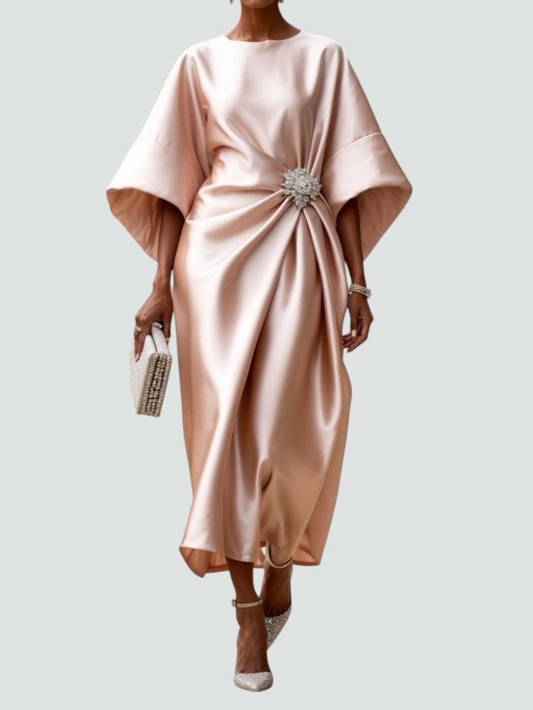 Adelle™ | Women's Elegant Satin Brooch Midi Dress