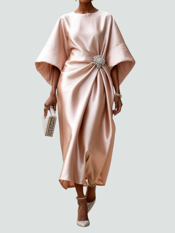 Adelle™ | Women's Elegant Satin Brooch Midi Dress