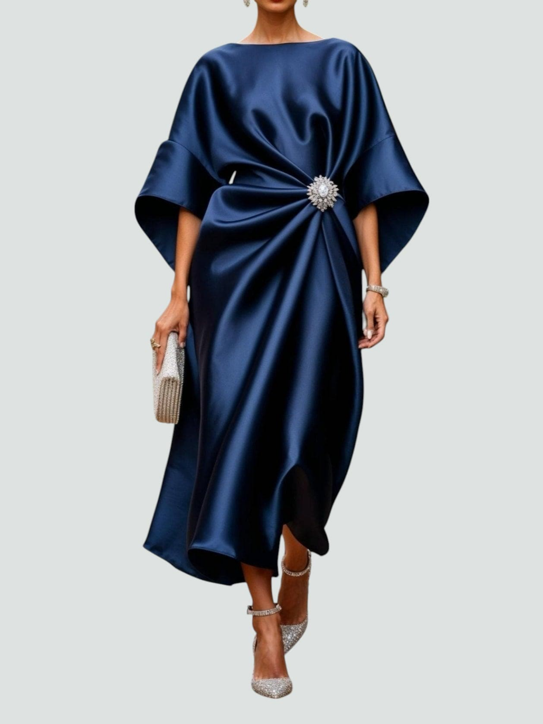 Adelle™ | Women's Elegant Satin Brooch Midi Dress