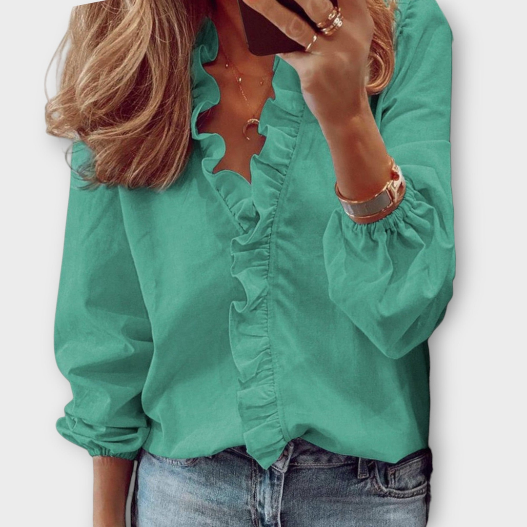 Genevieve™ | Women's Soft Cotton Ruffle V-Neck Blouse