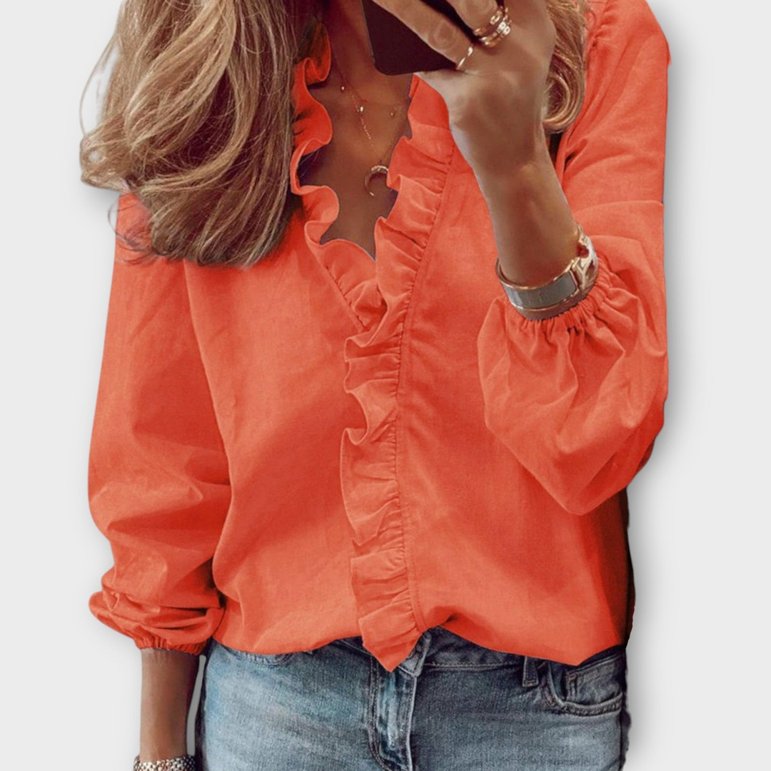 Genevieve™ | Women's Soft Cotton Ruffle V-Neck Blouse