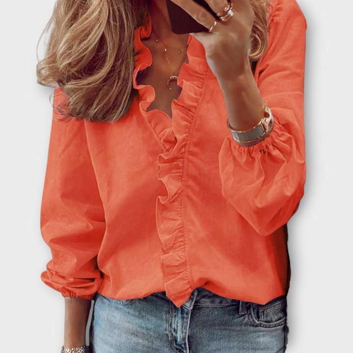 Genevieve™ | Women's Soft Cotton Ruffle V-Neck Blouse