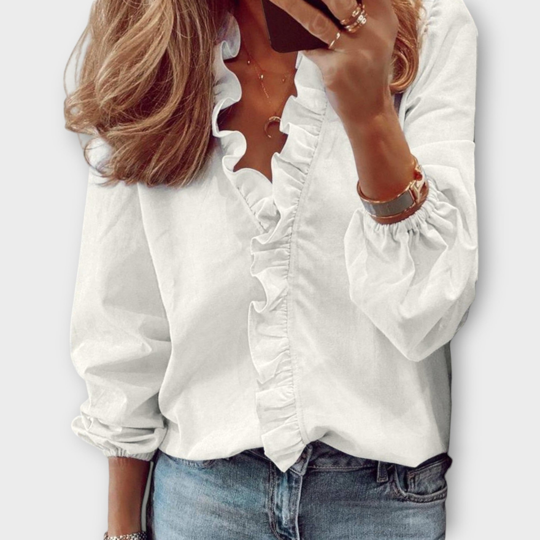 Genevieve™ | Women's Soft Cotton Ruffle V-Neck Blouse