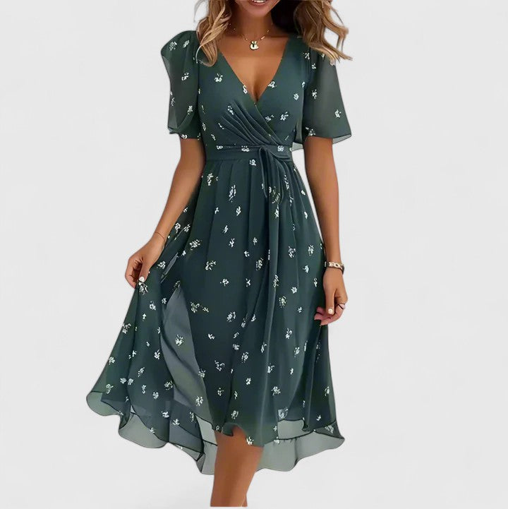 Marlowe™ | Women's Elegant Floral Chiffon Wrap Midi Dress