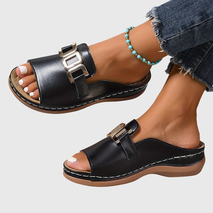 Solene™ | Women's Comfort Gold Buckle Slide Sandals